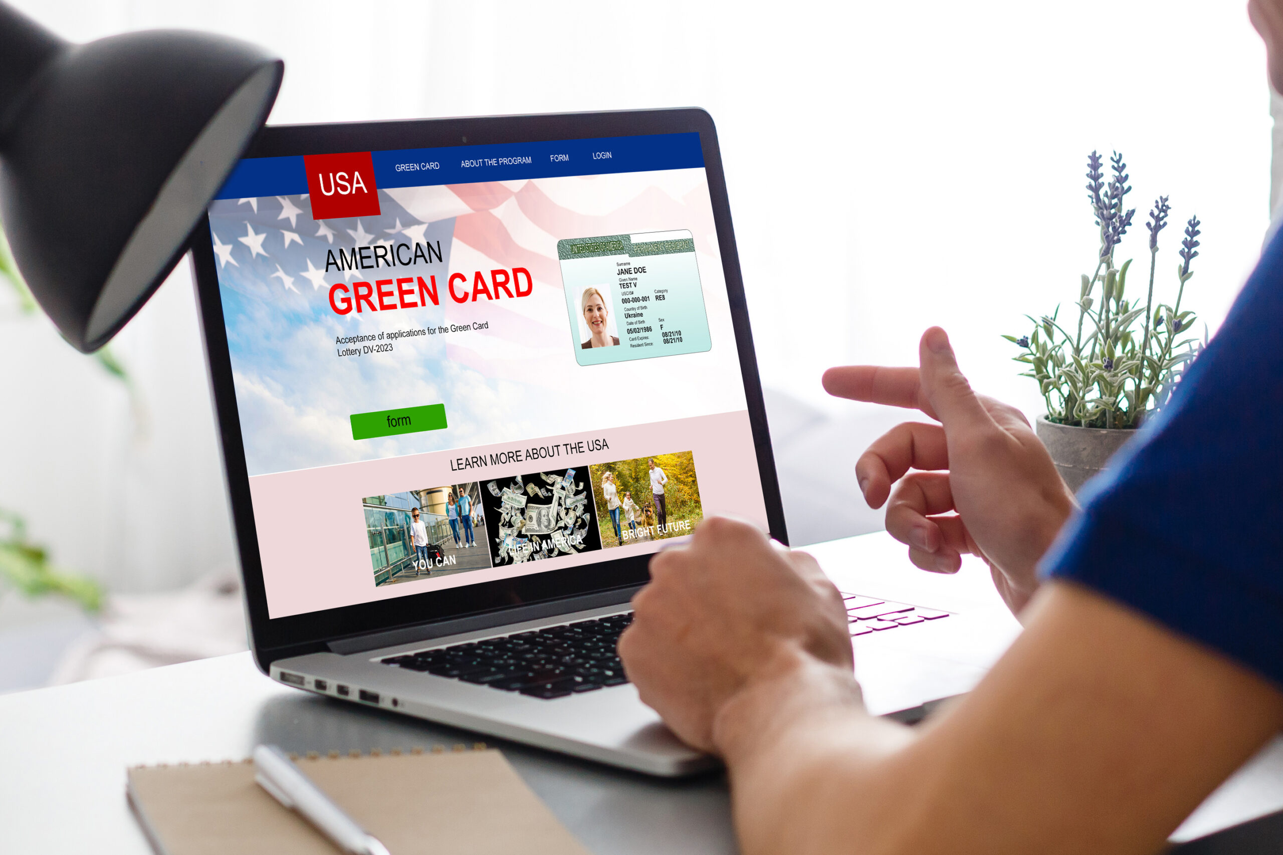 laptop with Permanent resident card of USA website.